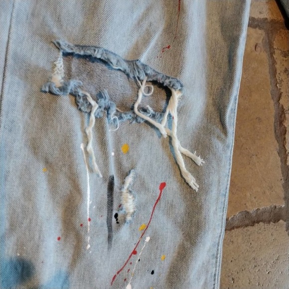 Grace Chow Jeans Size 8 WIDE LEG Distressed Painted Straight  Baggy 100% Cotton - Picture 8 of 16